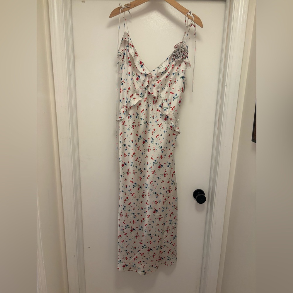 Anthropologie white floral satin dress